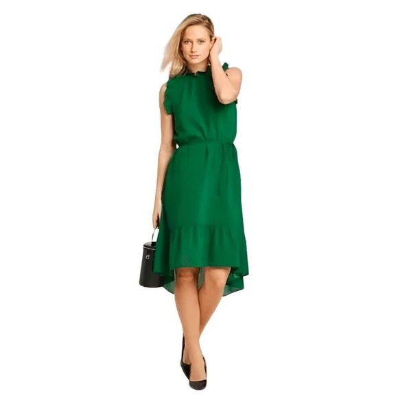 Who What Wear Kelly Green Polka Dot Ruffle High-Low Midi Dress - Picture 1 of 5